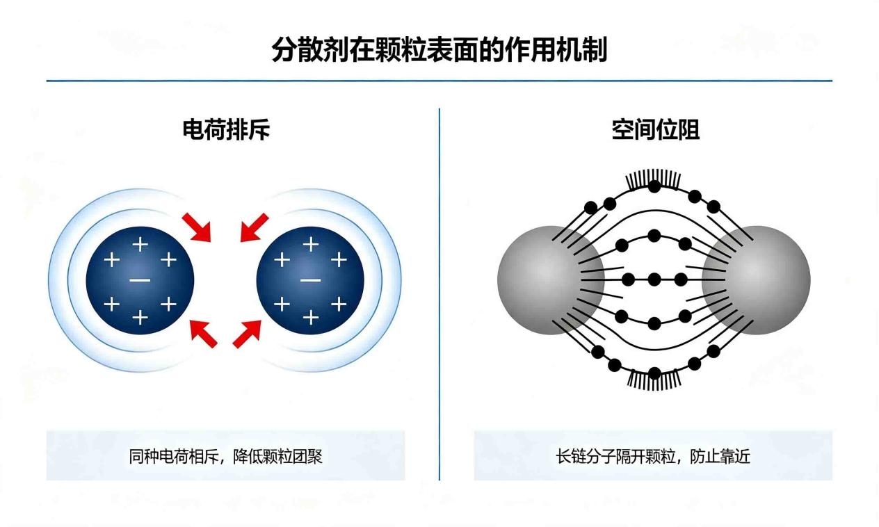 工业分散剂电荷排斥与空间位阻作用机理示意图