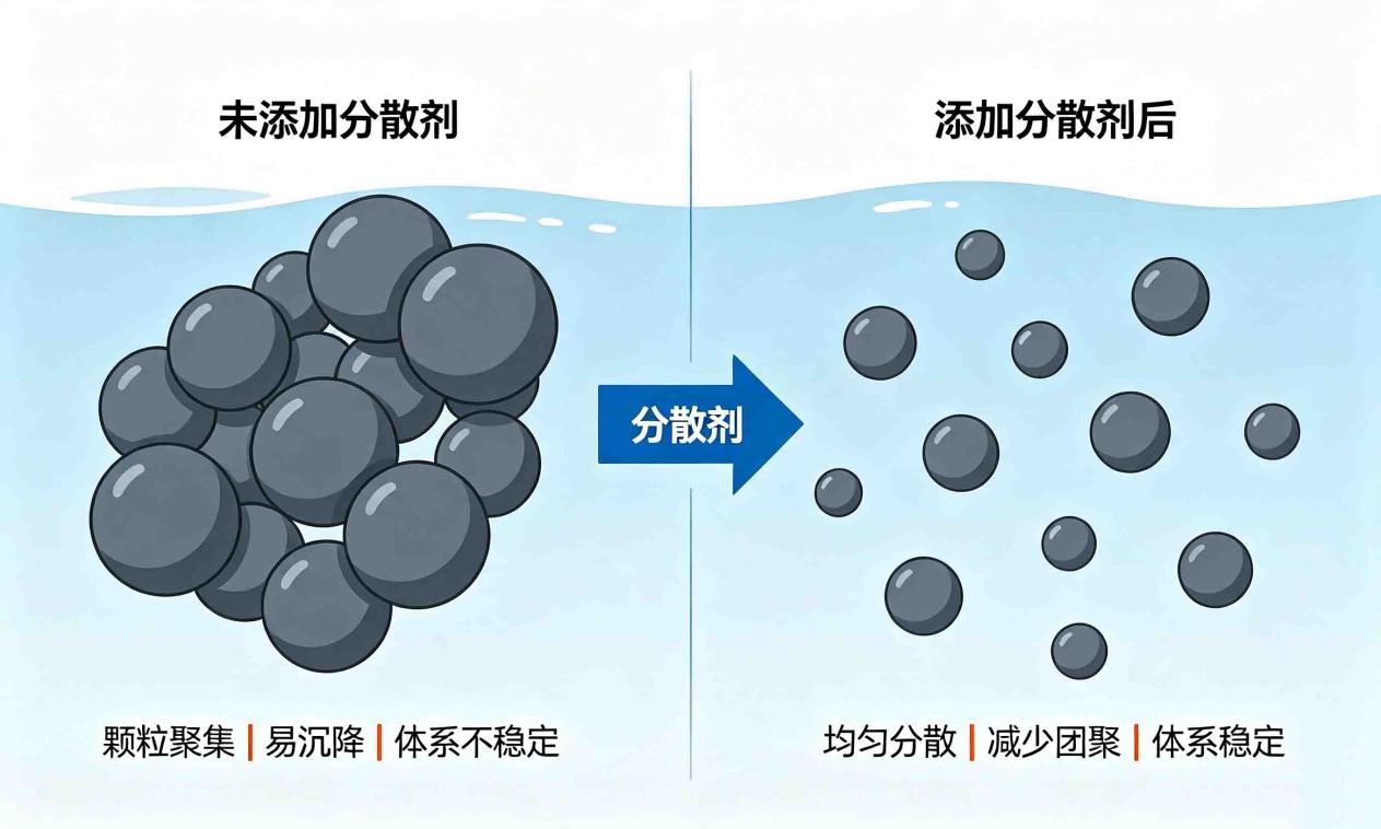 工业分散剂添加前后颗粒分散状态对比示意图