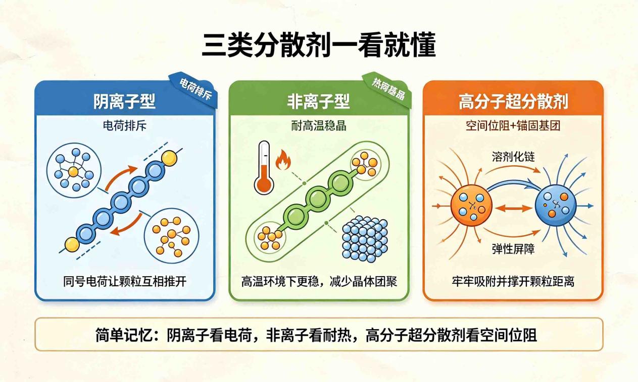 阴离子型、非离子型、高分子超分散剂三类分散剂成分对比