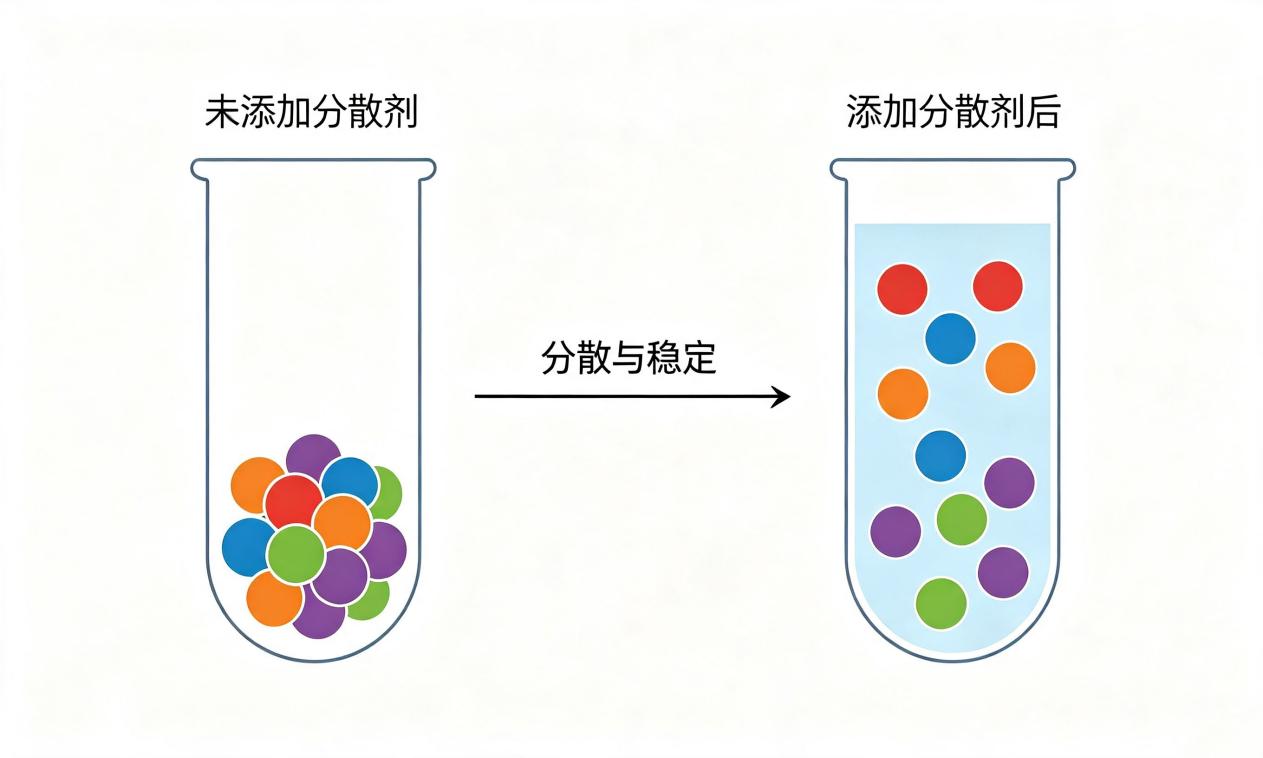 分散剂添加前后固体颗粒分散状态对比
