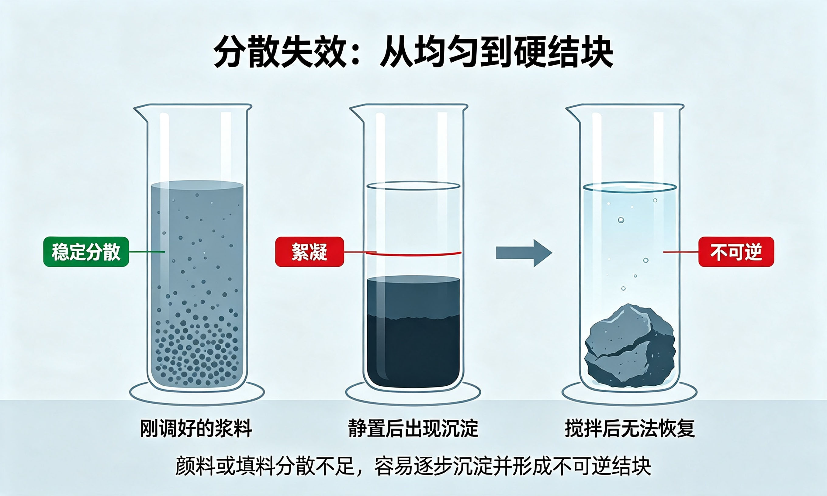 皮革涂饰浆料静置后沉淀分层与絮凝状态示意