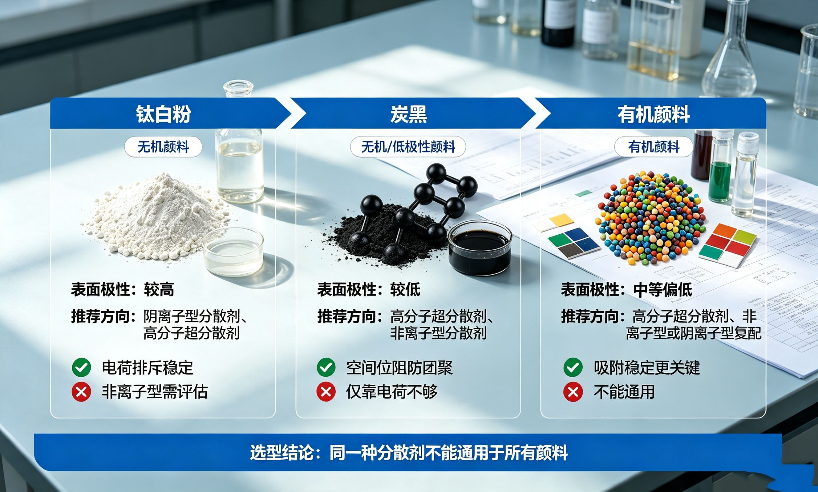 不同颜料表面极性与涂料分散剂选型匹配示意