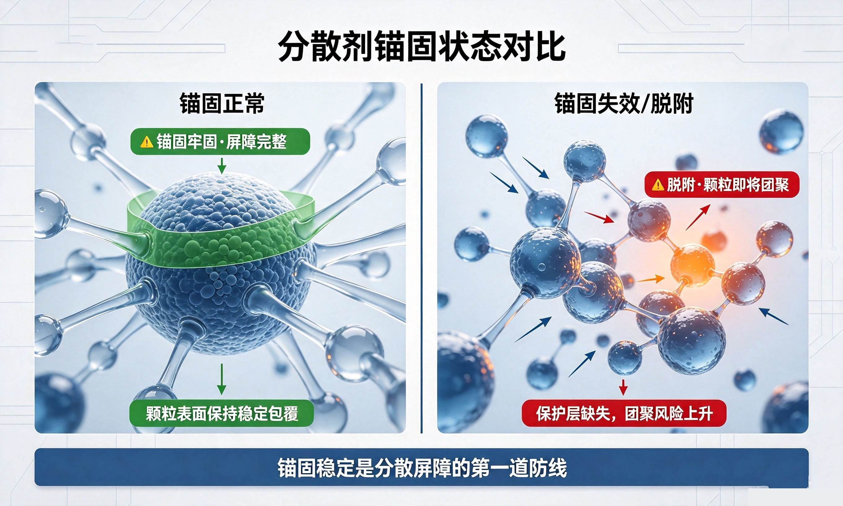油性涂料分散剂锚固正常与脱附失效状态对比示意