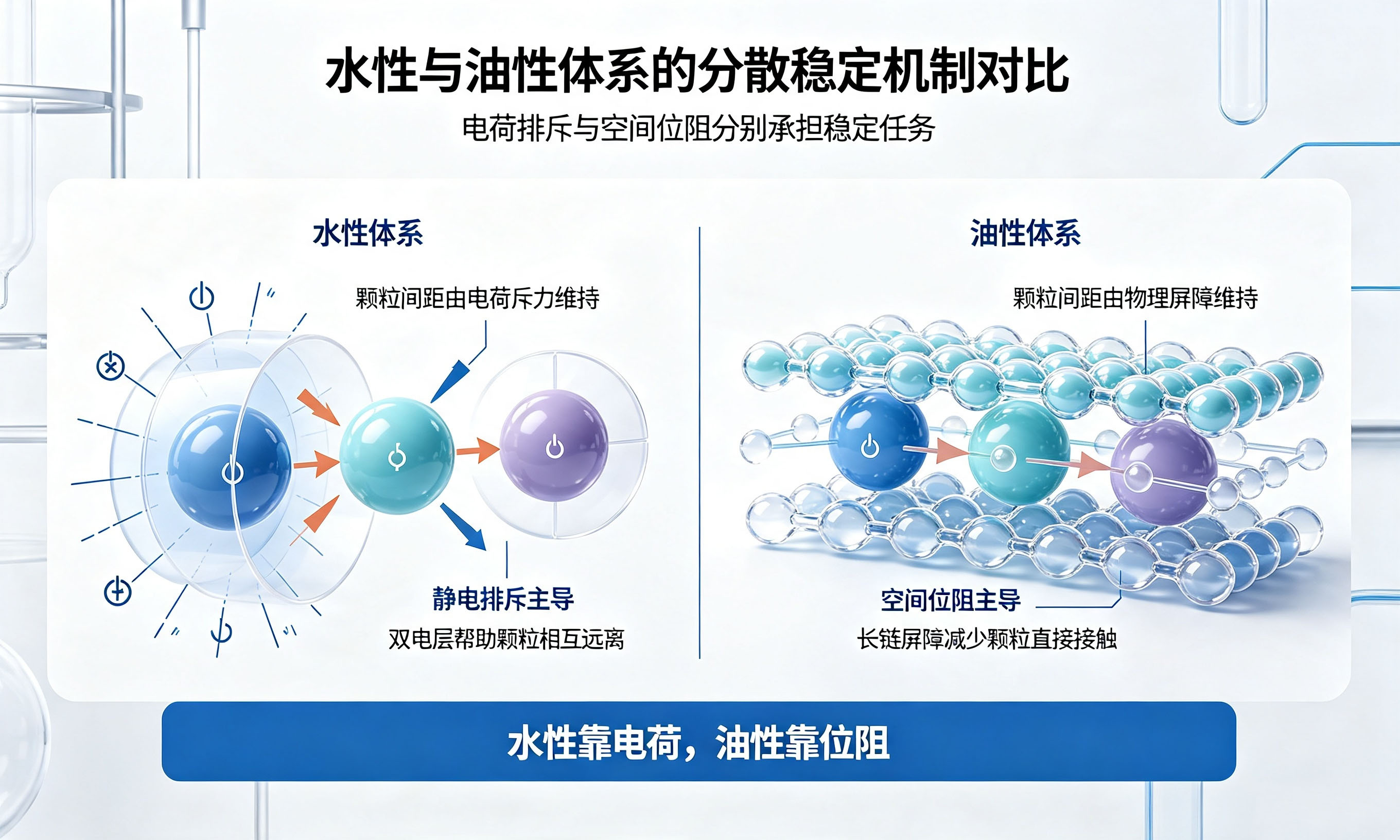 水性体系与油性体系分散机制差异对比示意