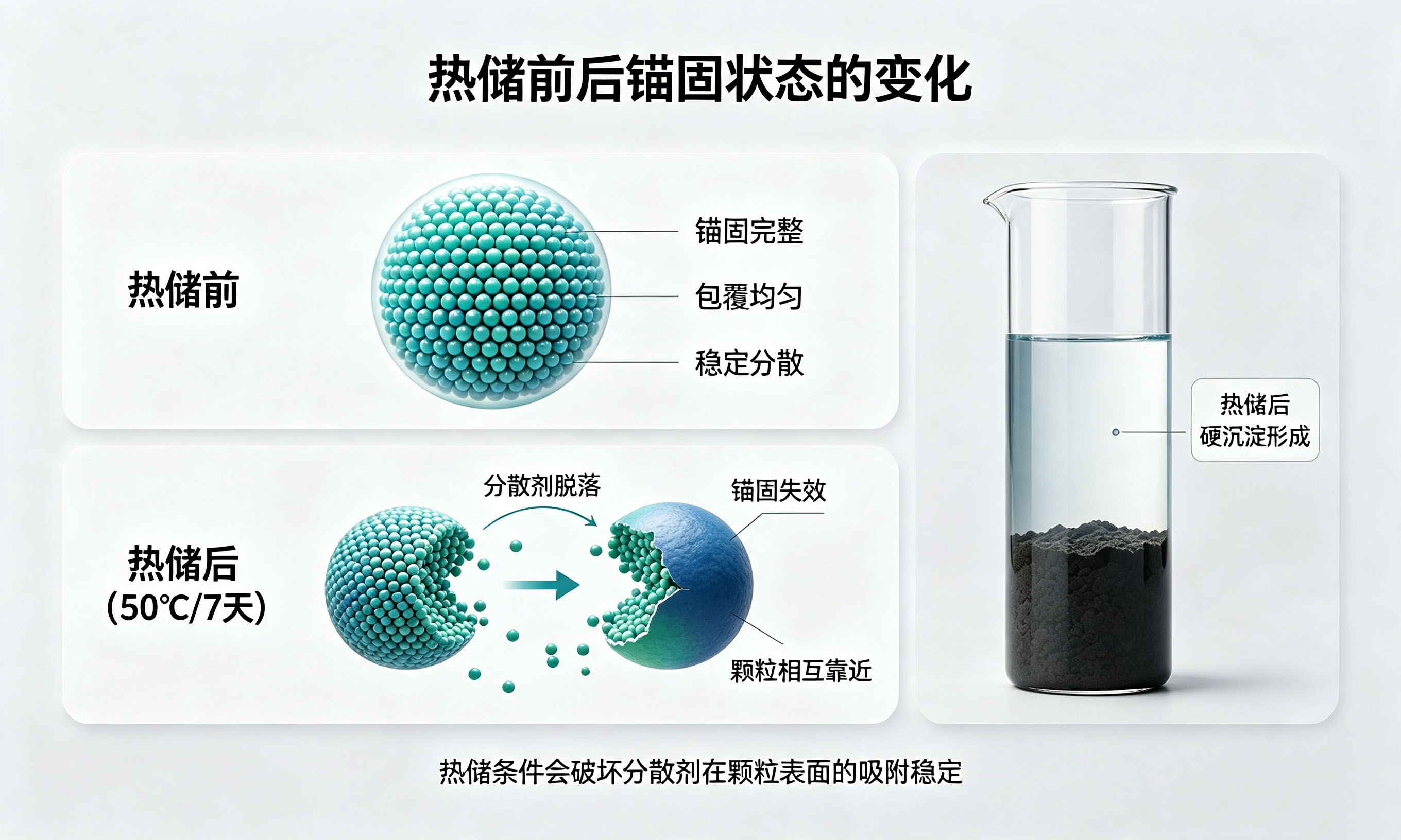 无机涂料分散剂热储前后锚固状态对比及硬沉淀形成示意