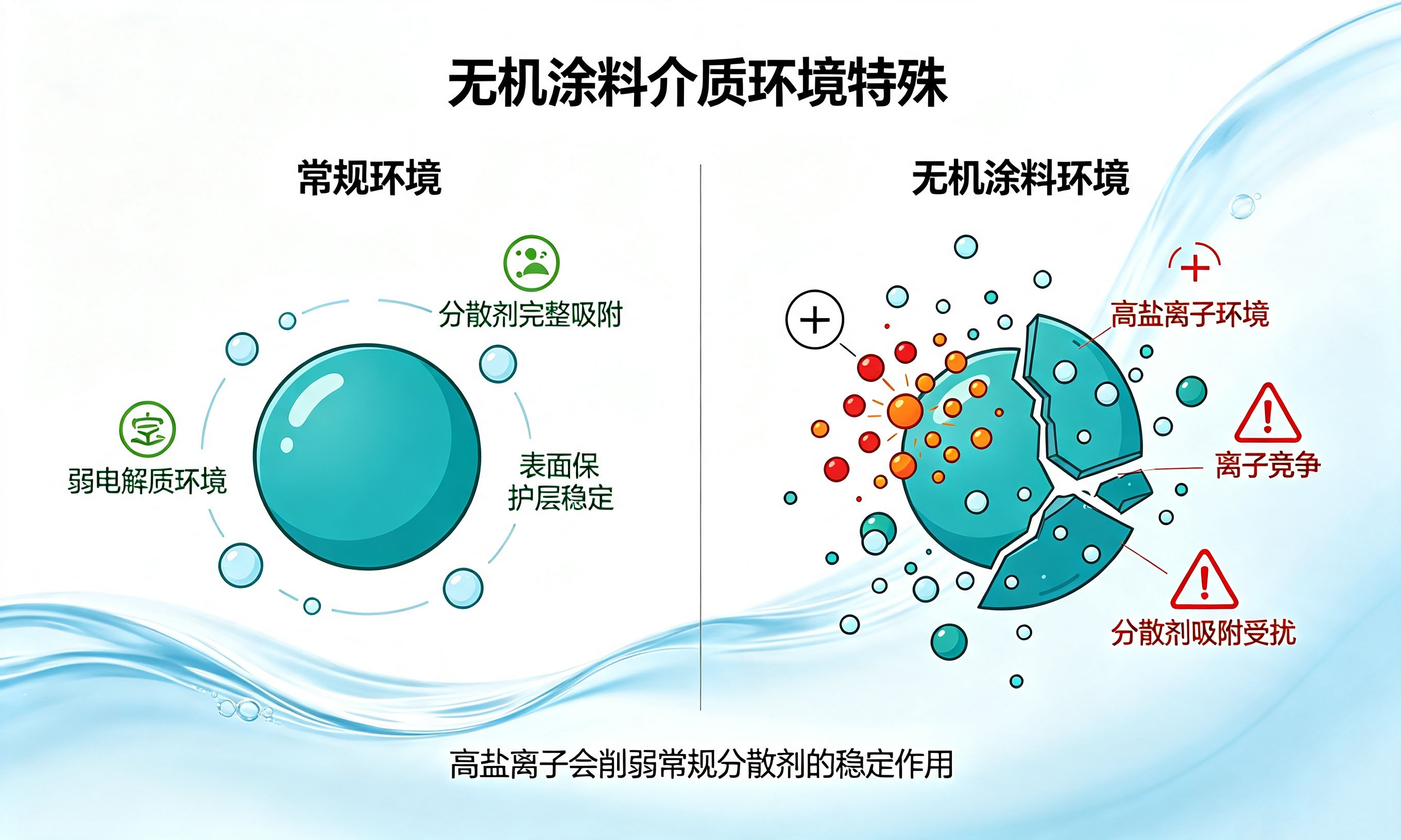 无机涂料高盐离子环境对分散剂吸附的干扰示意
