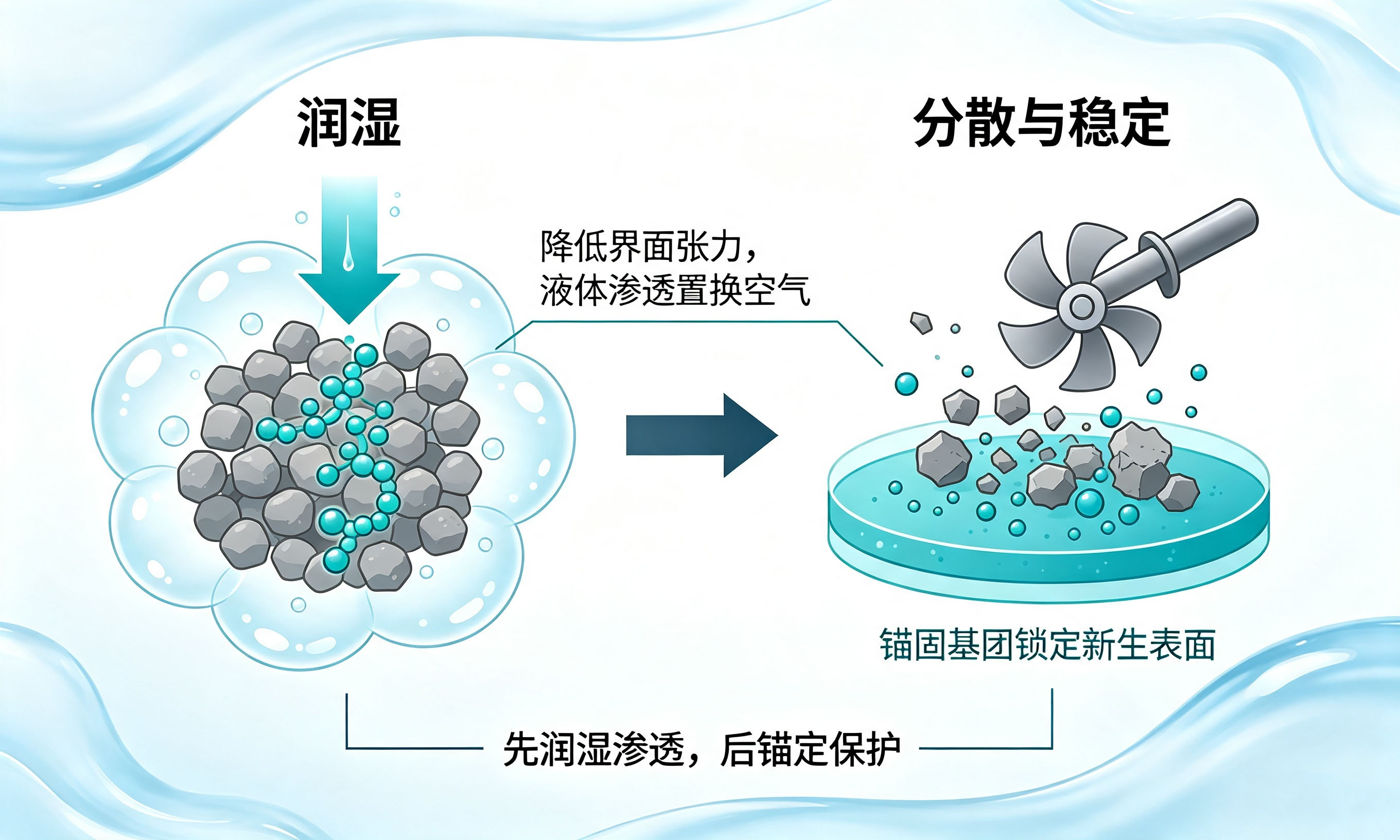 粉体涂料分散剂润湿与分散两阶段作用示意