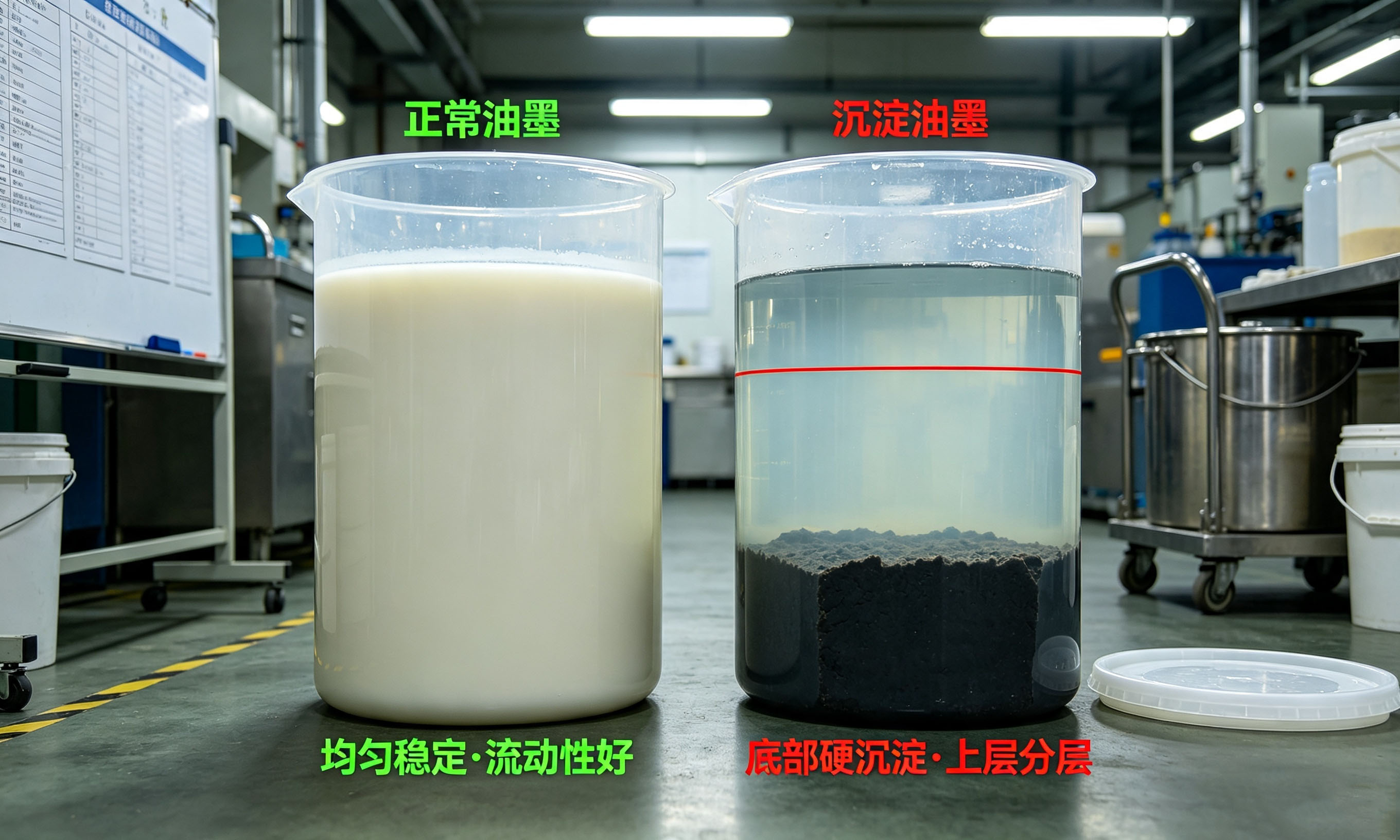 油墨生产储存后出现沉淀和分层问题现场示意
