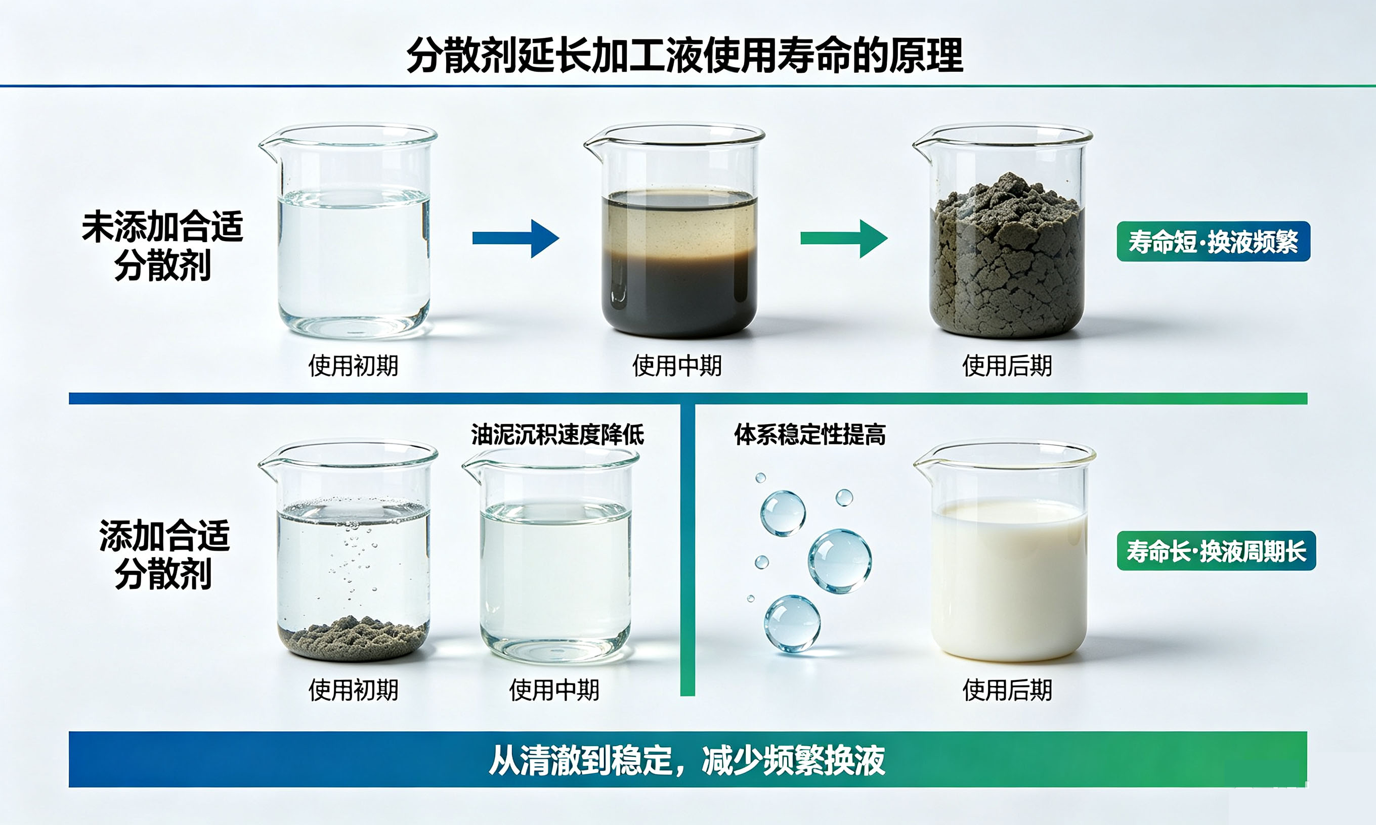 金属加工液分散剂对加工液使用寿命的延长效果对比