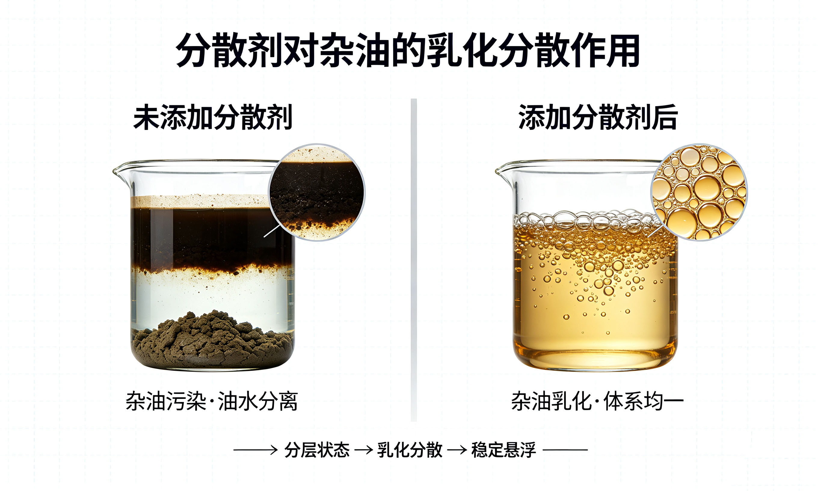 金属加工液分散剂多相界面调节：杂油乳化分散示意