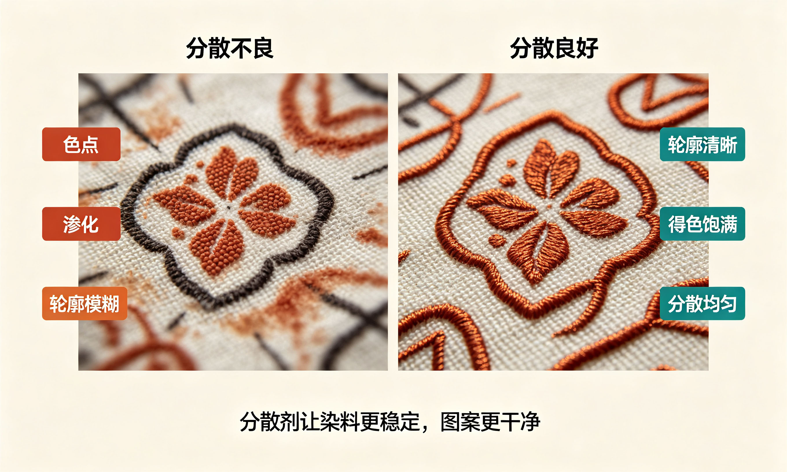 印花色浆分散不良与良好状态下的布面印花效果对比
