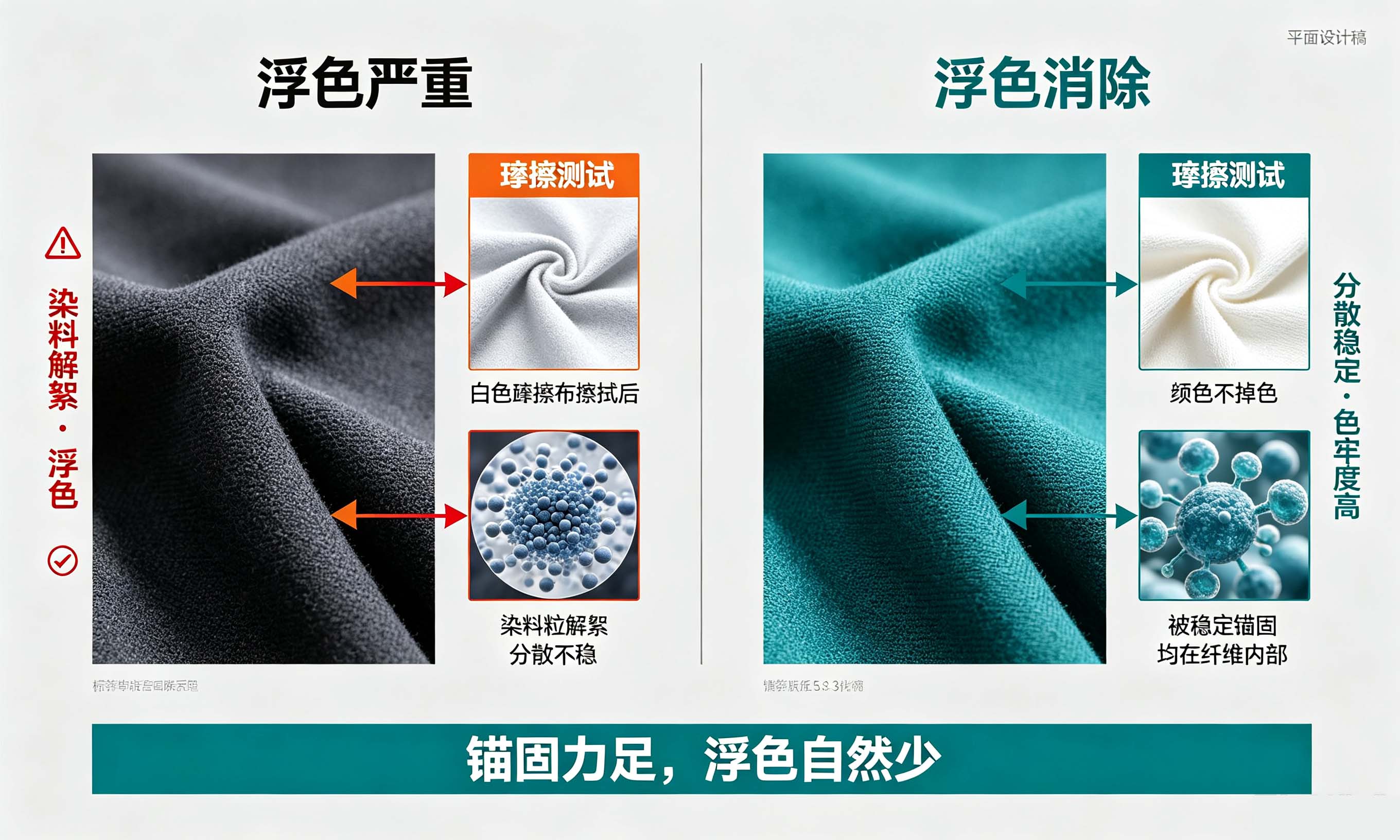 纺织分散剂锚固力不足导致浮色与良好效果对比