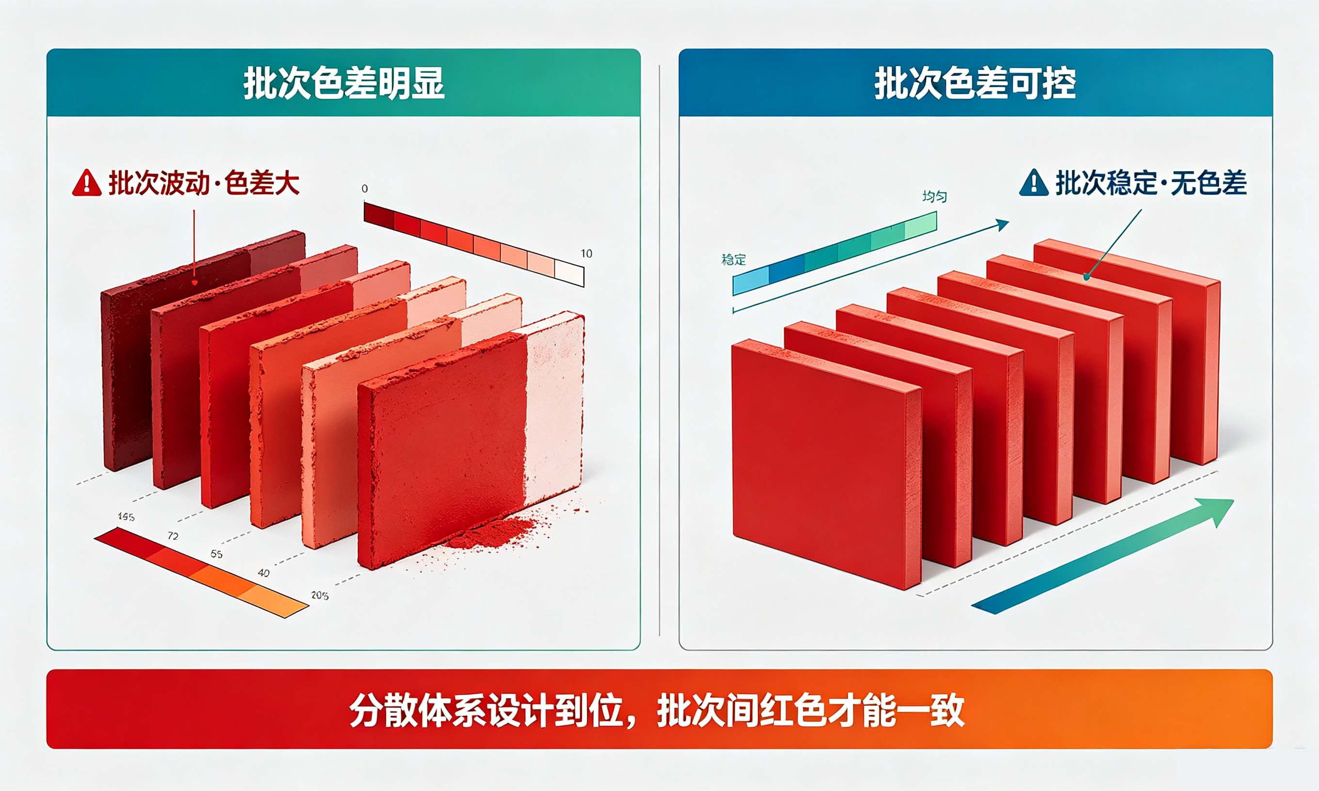 红色有机颜料批次间色差控制效果对比
