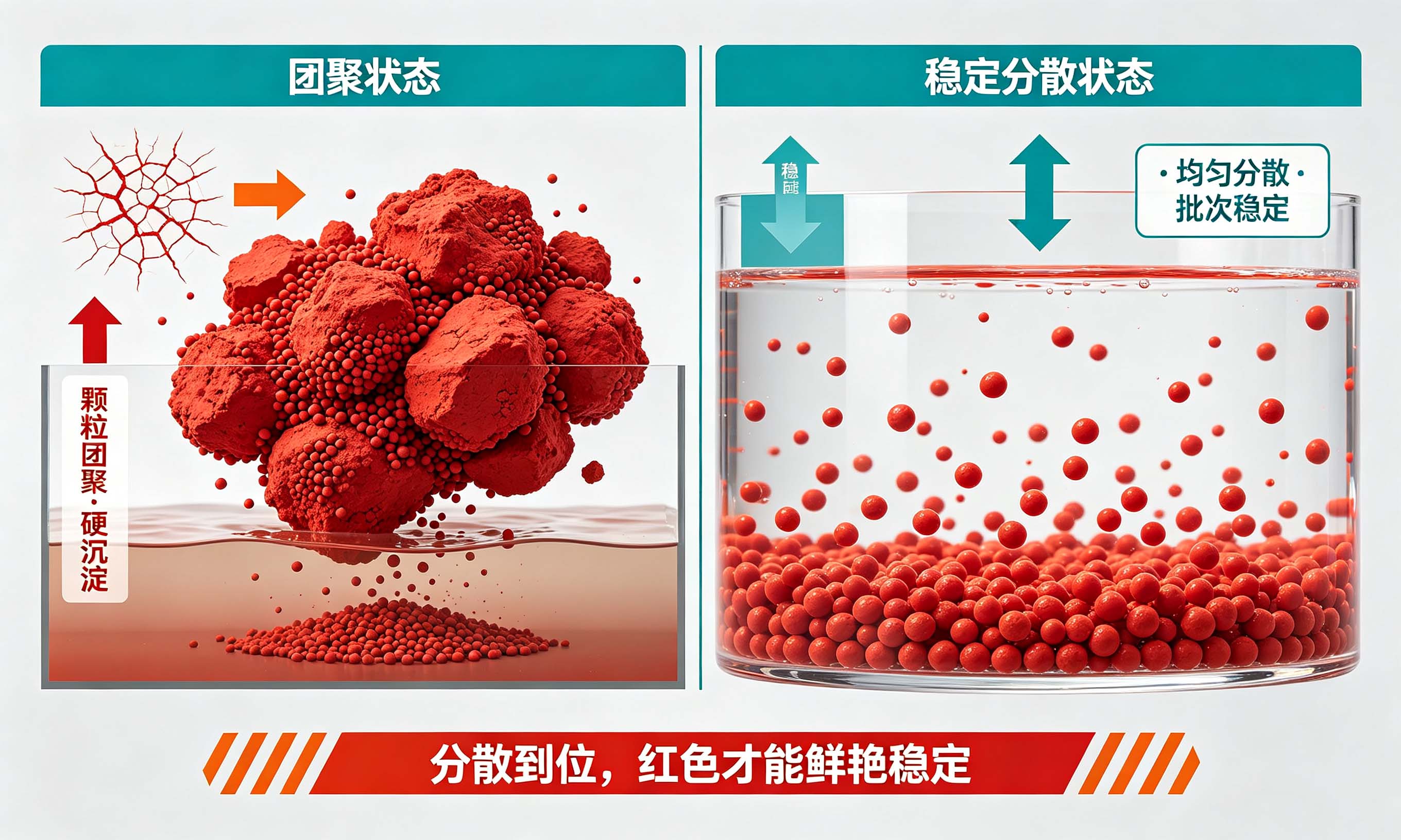 红色有机颜料团聚与均匀分散状态对比示意