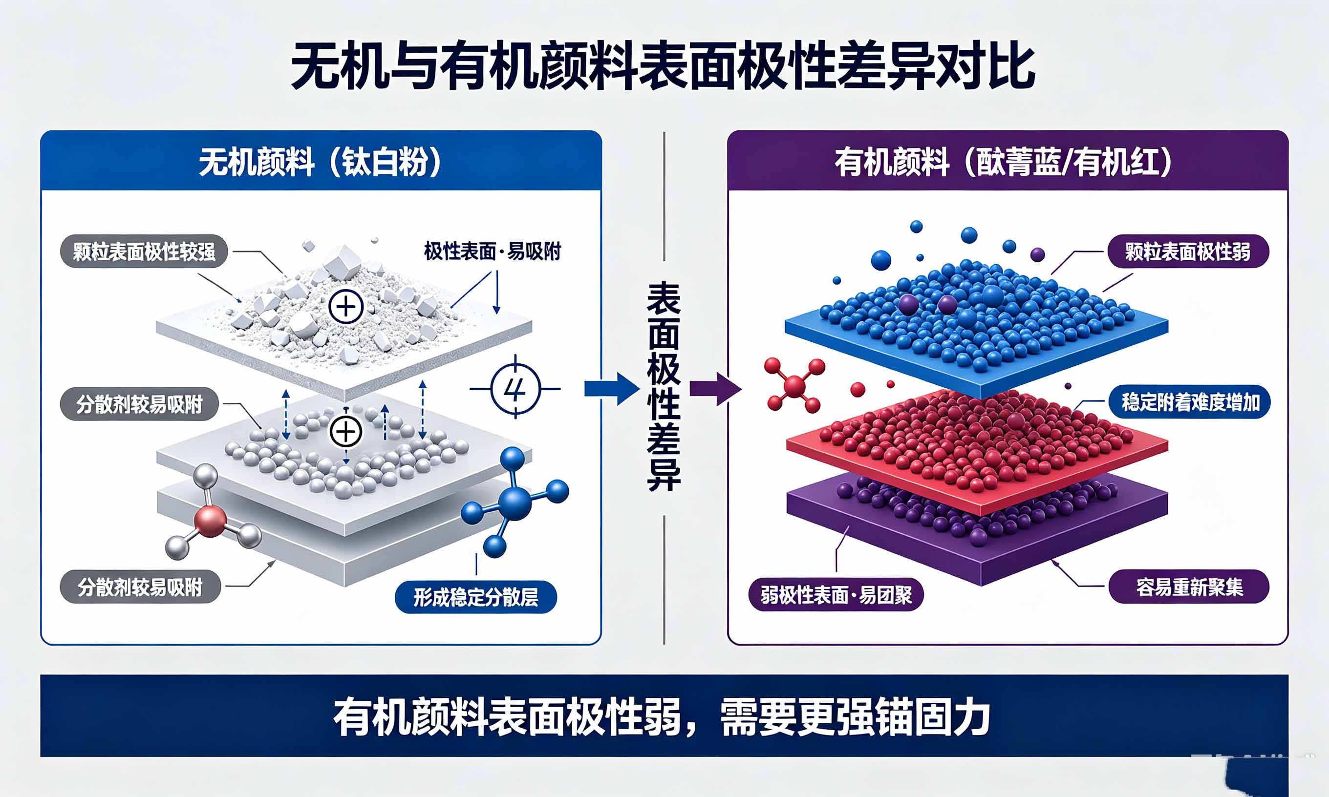 有机颜料与无机颜料表面极性差异及分散状态对比