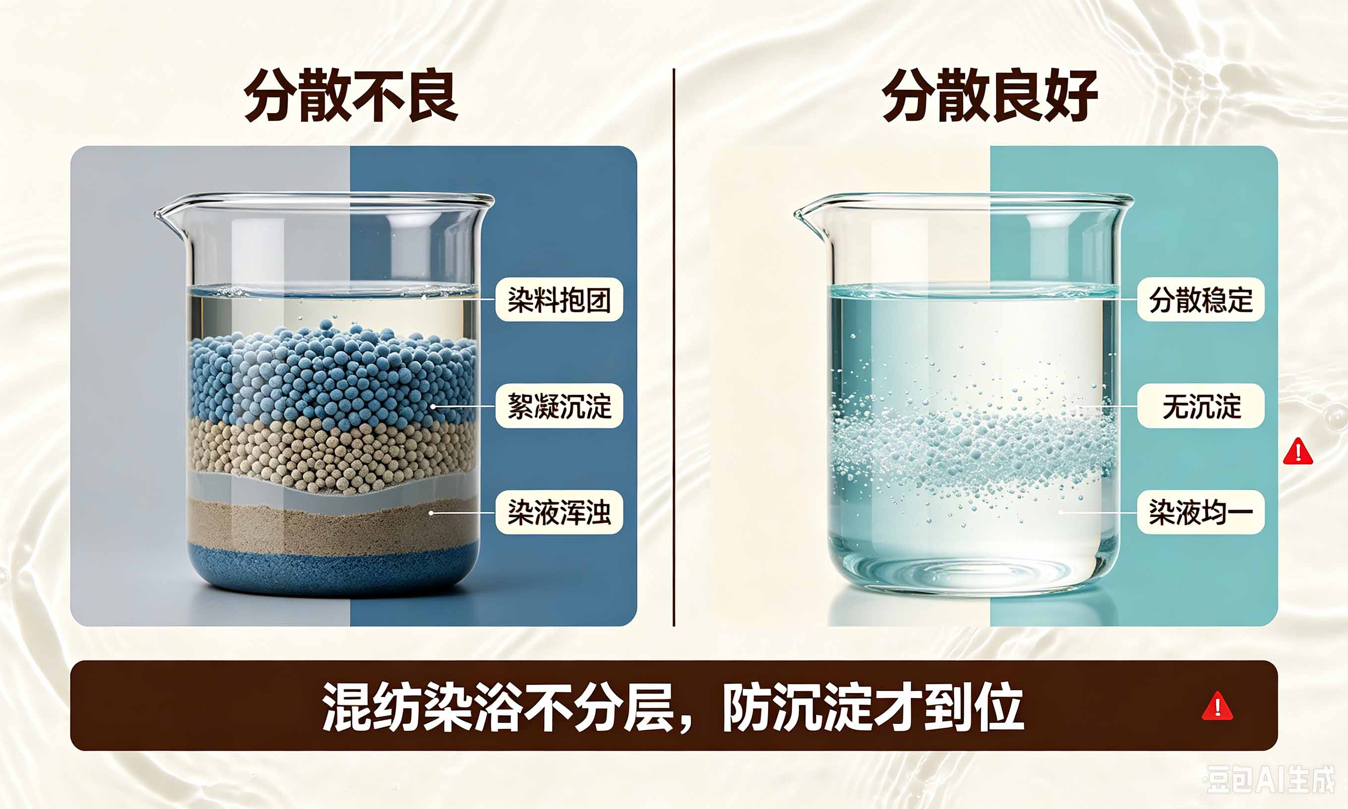 腈纶混纺染浴分散良好与染料抱团沉淀状态对比