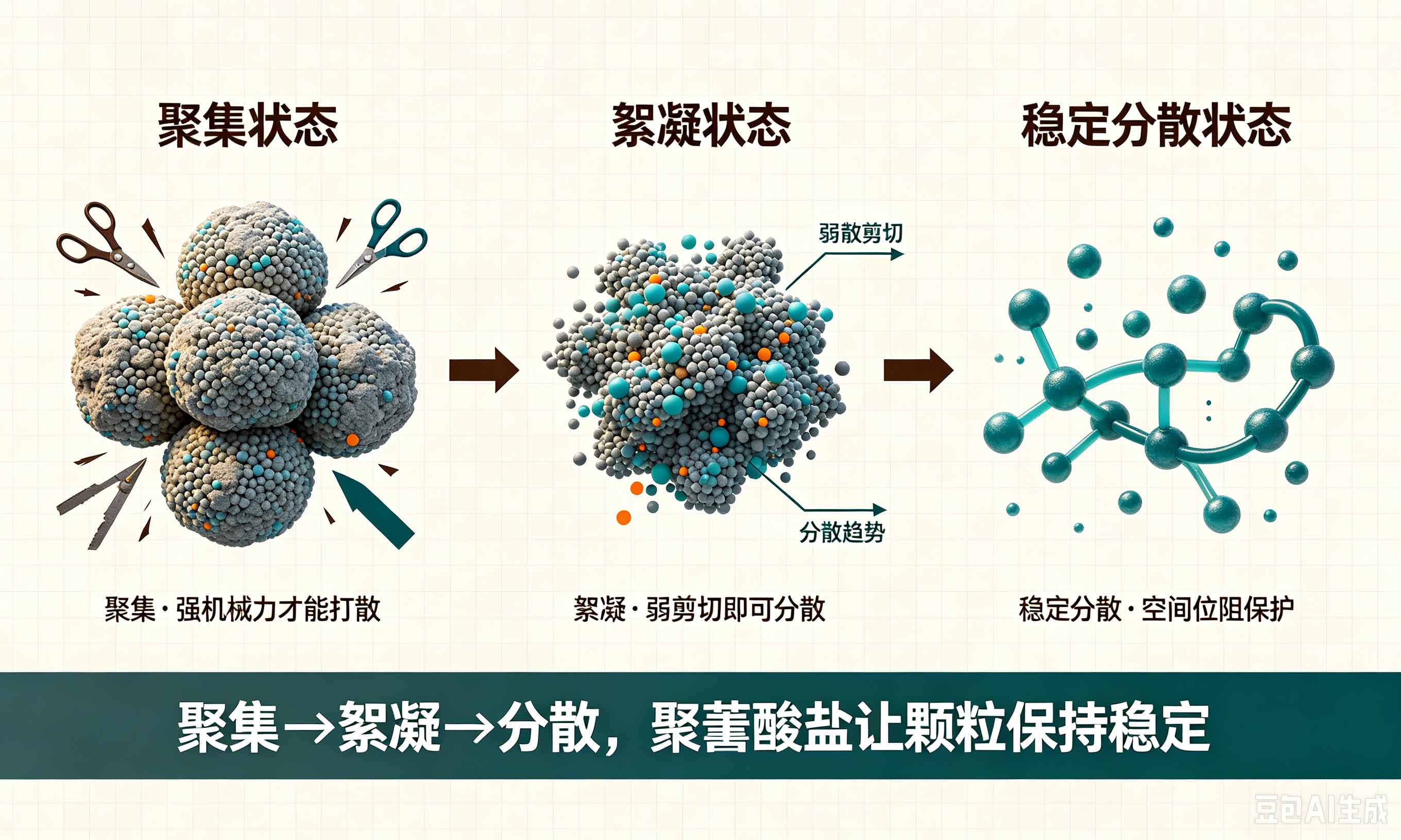 农药分散剂聚羧酸盐防止絮凝稳定分散过程示意