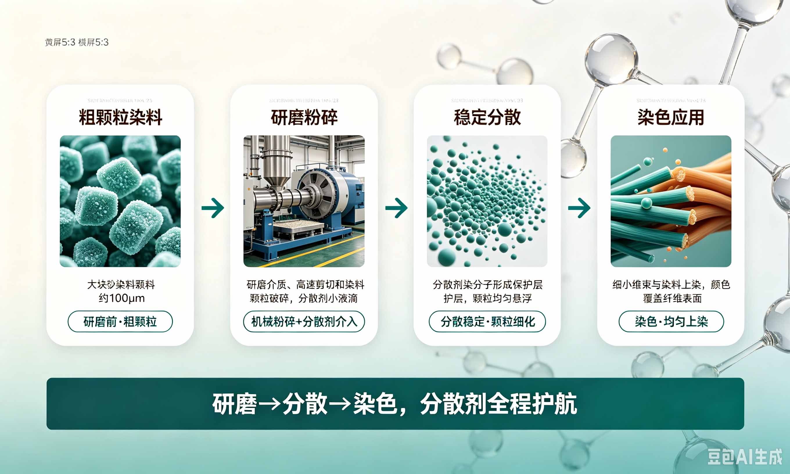 硫化染料从研磨粉碎到分散稳定再到染色应用全过程示意