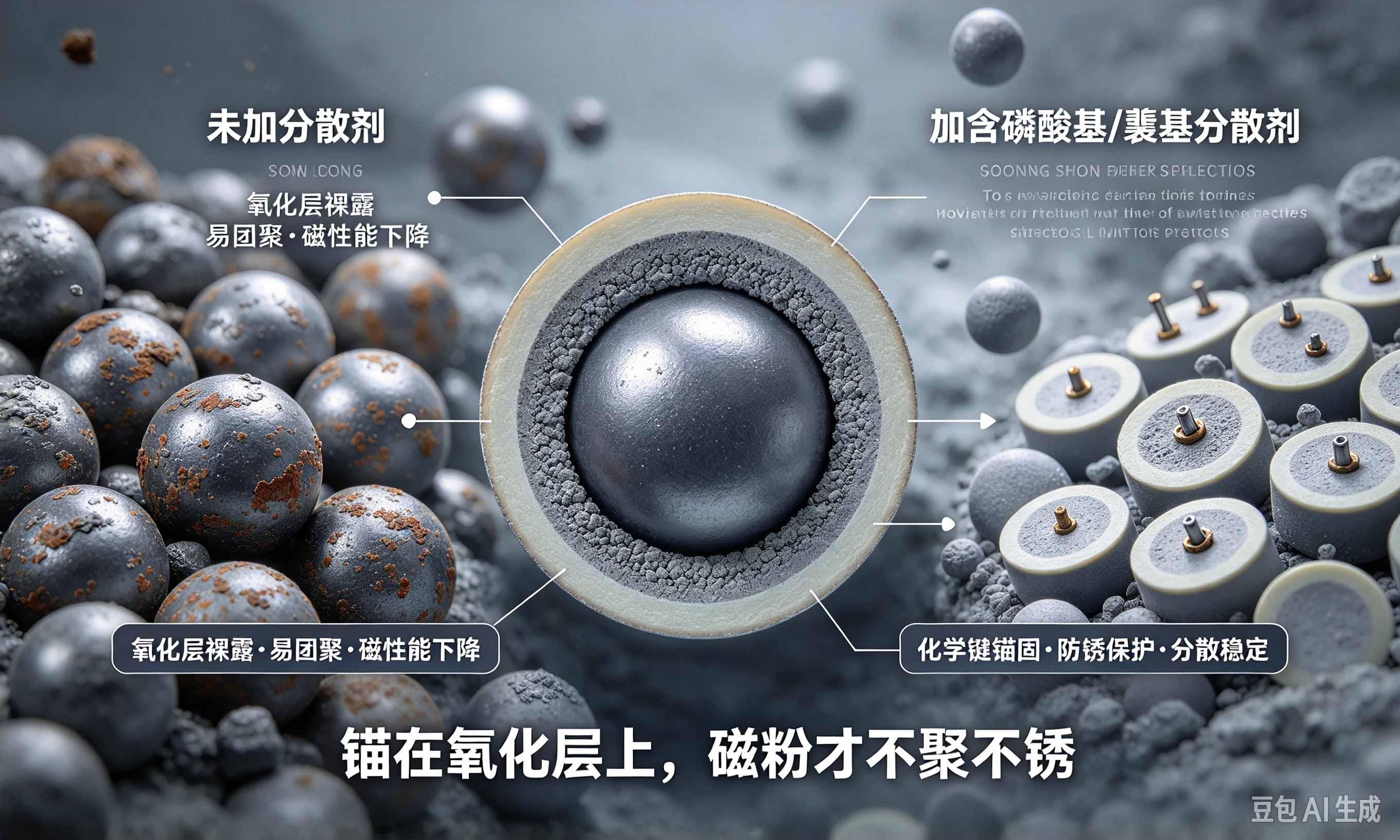 磁性合金粉末分散剂氧化层锚固示意